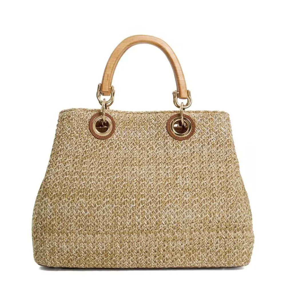 Dune London Demmy Medium Natural Straw Tote with Brown Leather Trim